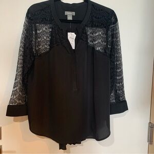 NEIMAN MARCUS NWT XL Black w Lace Panels & Long Sleeves Women's Top